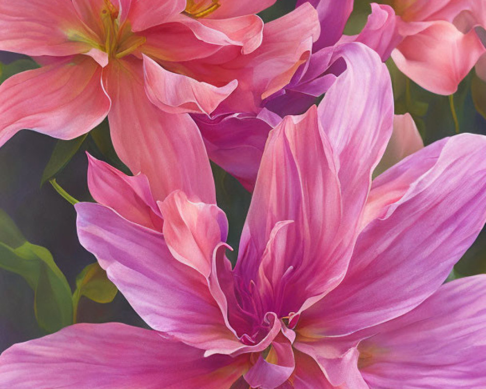 Vibrant painting of pink tulips in full bloom with soft greenery