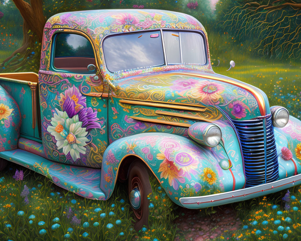 Vintage Pickup Truck Adorned with Floral Patterns in Vibrant Meadow