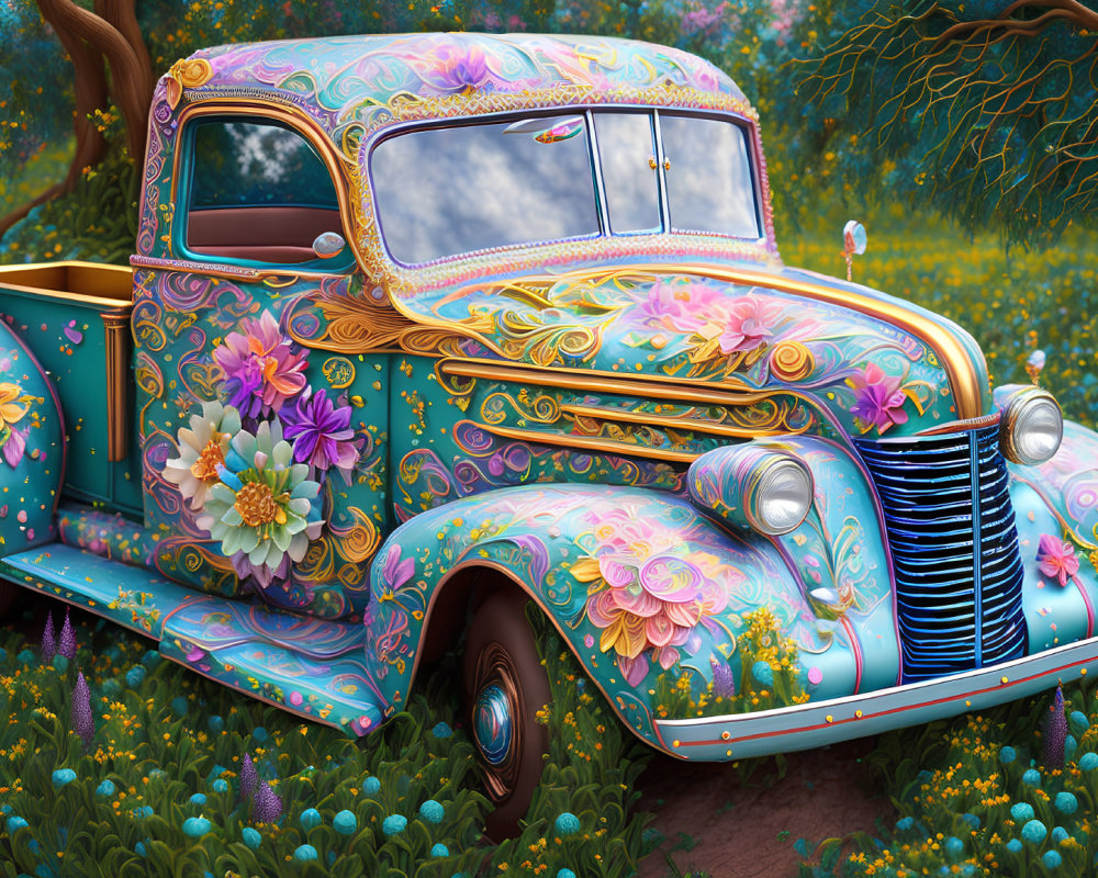 Colorful Vintage Truck with Floral Patterns in Flower-Filled Landscape