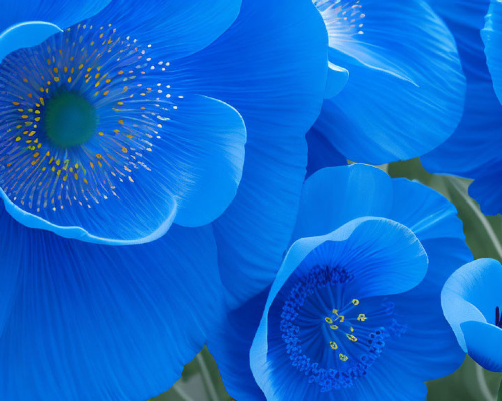 Colorful Blue Poppies with Golden Centers on Soft Background