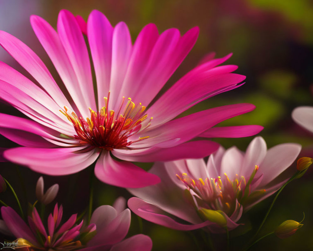 Vibrant pink daisy with yellow stamens in foreground surrounded by soft daisies and
