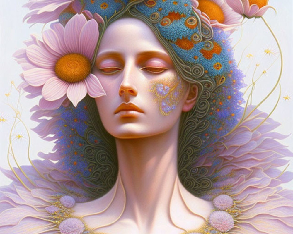 Mystical figure with floral headdress on violet backdrop