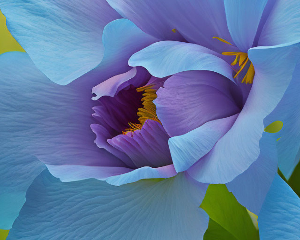 Detailed close-up of delicate blue peony petals surrounding dark purple center and yellow stamens on soft