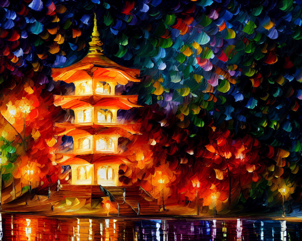 Colorful oil painting of luminous pagoda at night near water with impressionistic foliage.