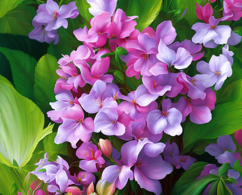 Colorful Cluster of Pink and Purple Flowers with Delicate Petals