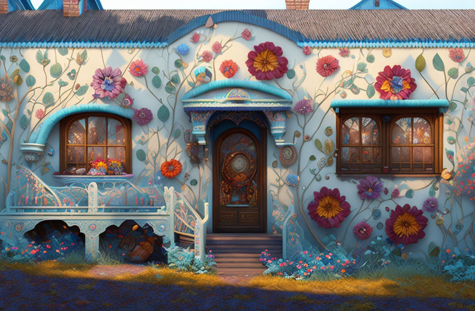 Charming floral-patterned cottage with vibrant flowers and detailed wooden door
