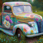 Colorful Vintage Truck with Floral Patterns in Flower-Filled Landscape