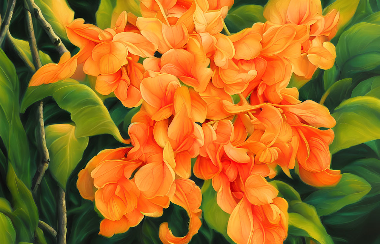 Colorful painting of blooming orange flowers with green leaves