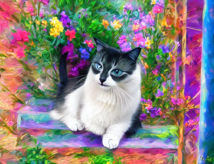 Vibrant digital painting of blue-eyed cat in floral garden
