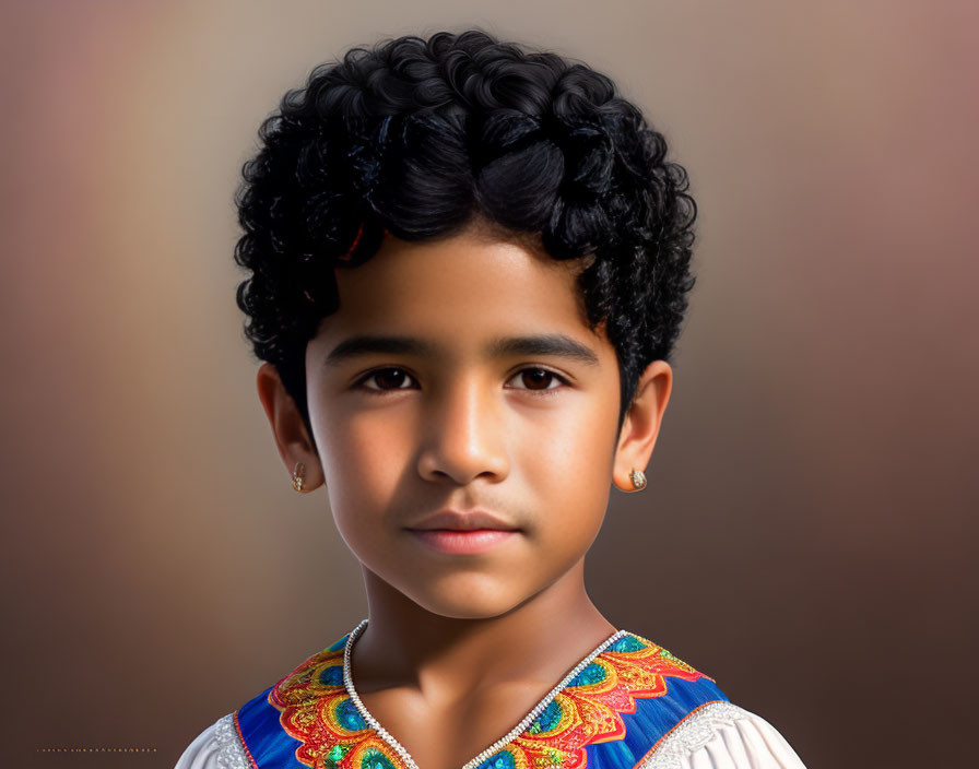 Young Child Portrait with Curly Hair and Embroidered Outfit