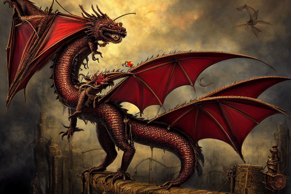 Majestic dragon with crimson wings on ruins in desolate landscape