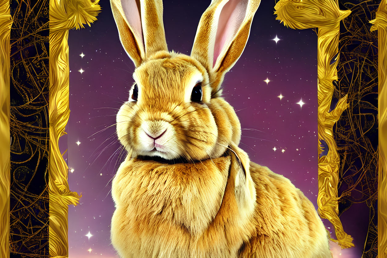 Hyper-realistic Rabbit Illustration with Starry Background and Ornate Golden Frames