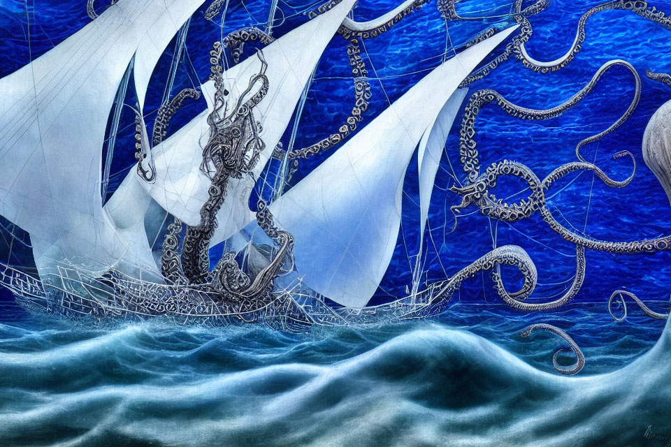 Sailboat in stormy seas with octopus wrapping tentacles