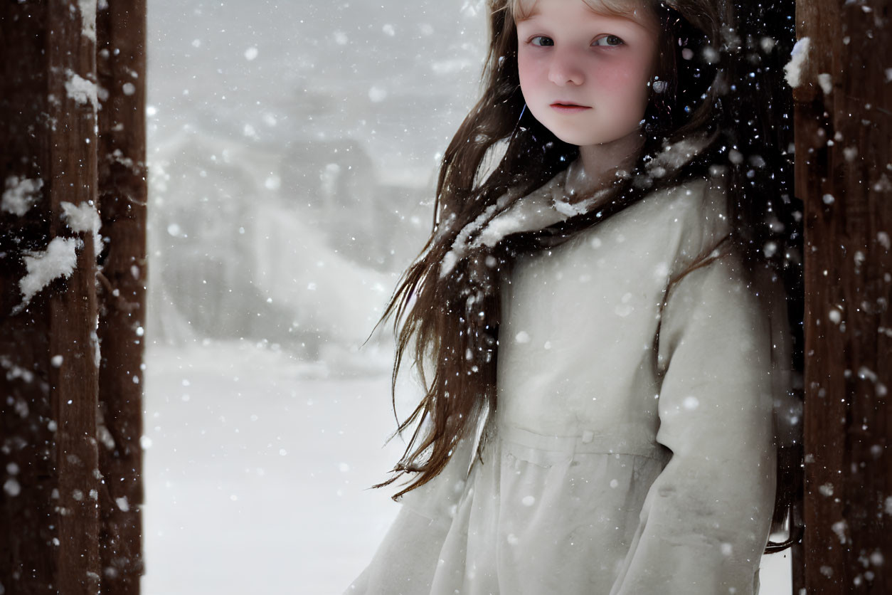 Young girl in white coat with headphones in falling snow scene.