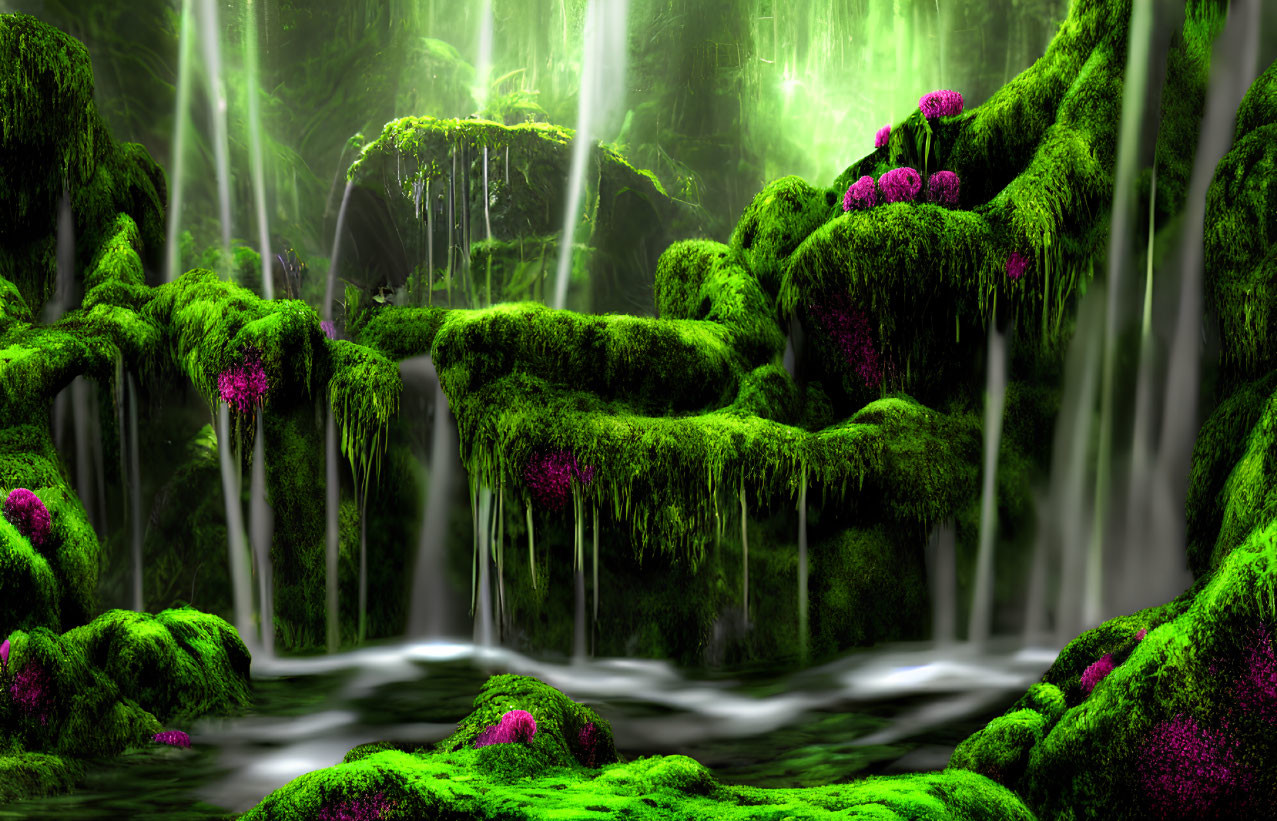 Moss-Covered Stones, Waterfalls, Pink Flora in Enchanted Forest