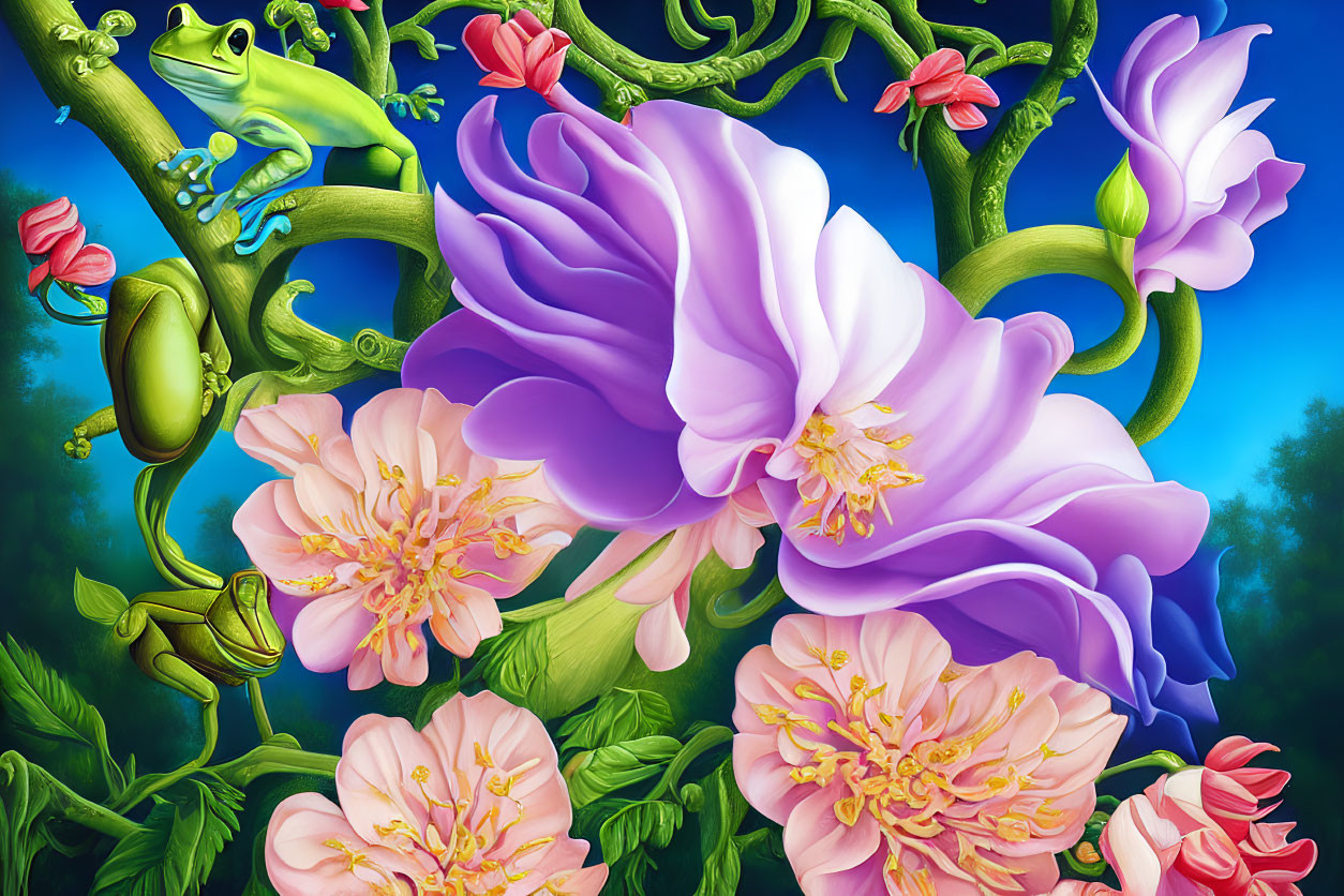 Colorful Frog Illustration on Twisting Vines and Flowers Against Blue Background