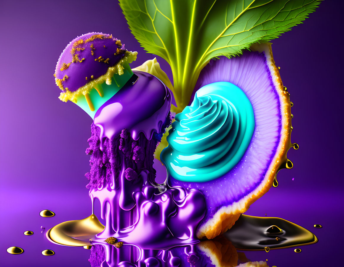 Colorful Melting Ice Cream on Kiwi with Mint Leaf and Swirl Cream on Purple Background