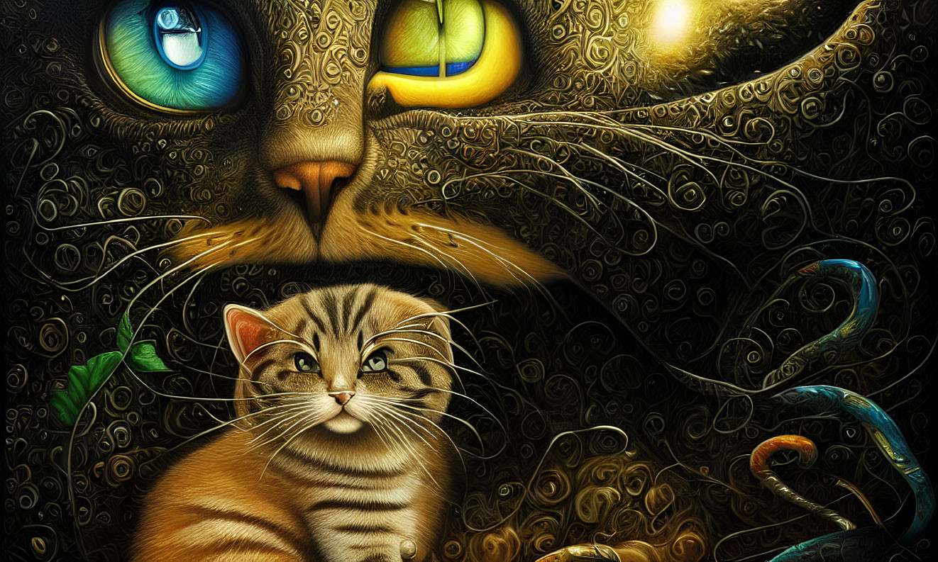 Stylized large cat with intricate patterns and vivid eyes above smaller kitten