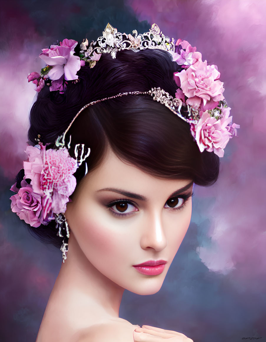 Portrait of woman with tiara, pink flowers, subtle makeup, dark hair, and thoughtful expression on