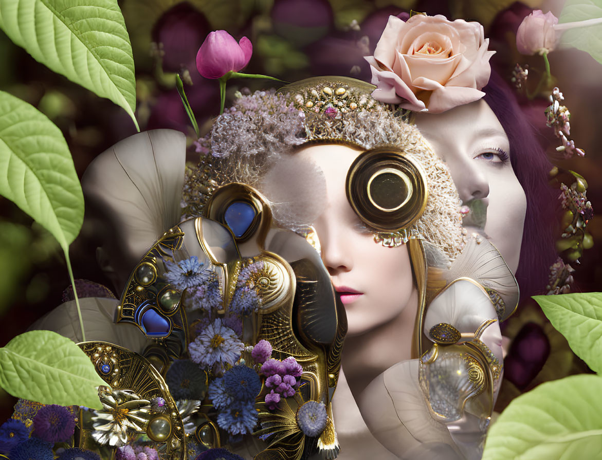 Steampunk-inspired woman with goggles and floral metalwork in lush setting