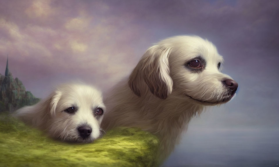 White Dogs Resting on Mossy Outcrop with Serene Landscape and Pastel Skies
