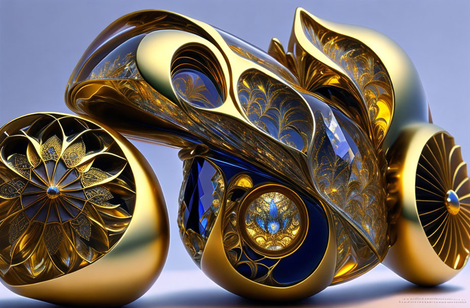 Detailed Metallic 3D Rendering of Abstract Gold and Blue Ornamented Object