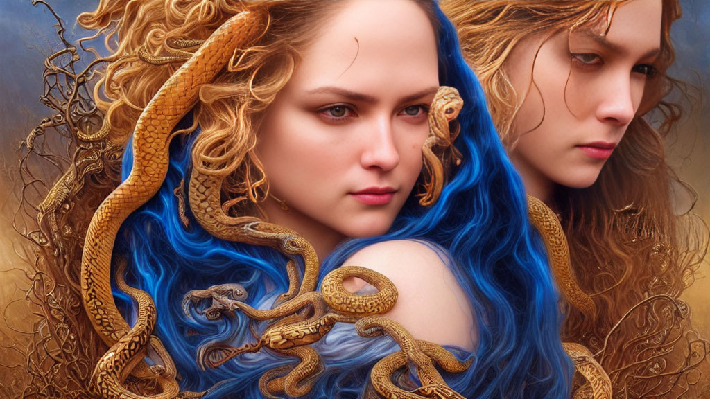 Vibrant blue hair women with golden snakes on ornate backdrop
