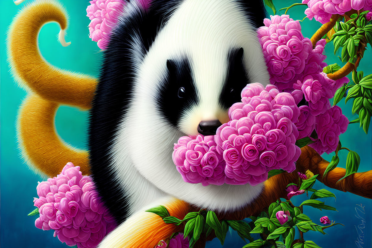 Colorful Panda with Pink Flowers and Golden Monkey Tail