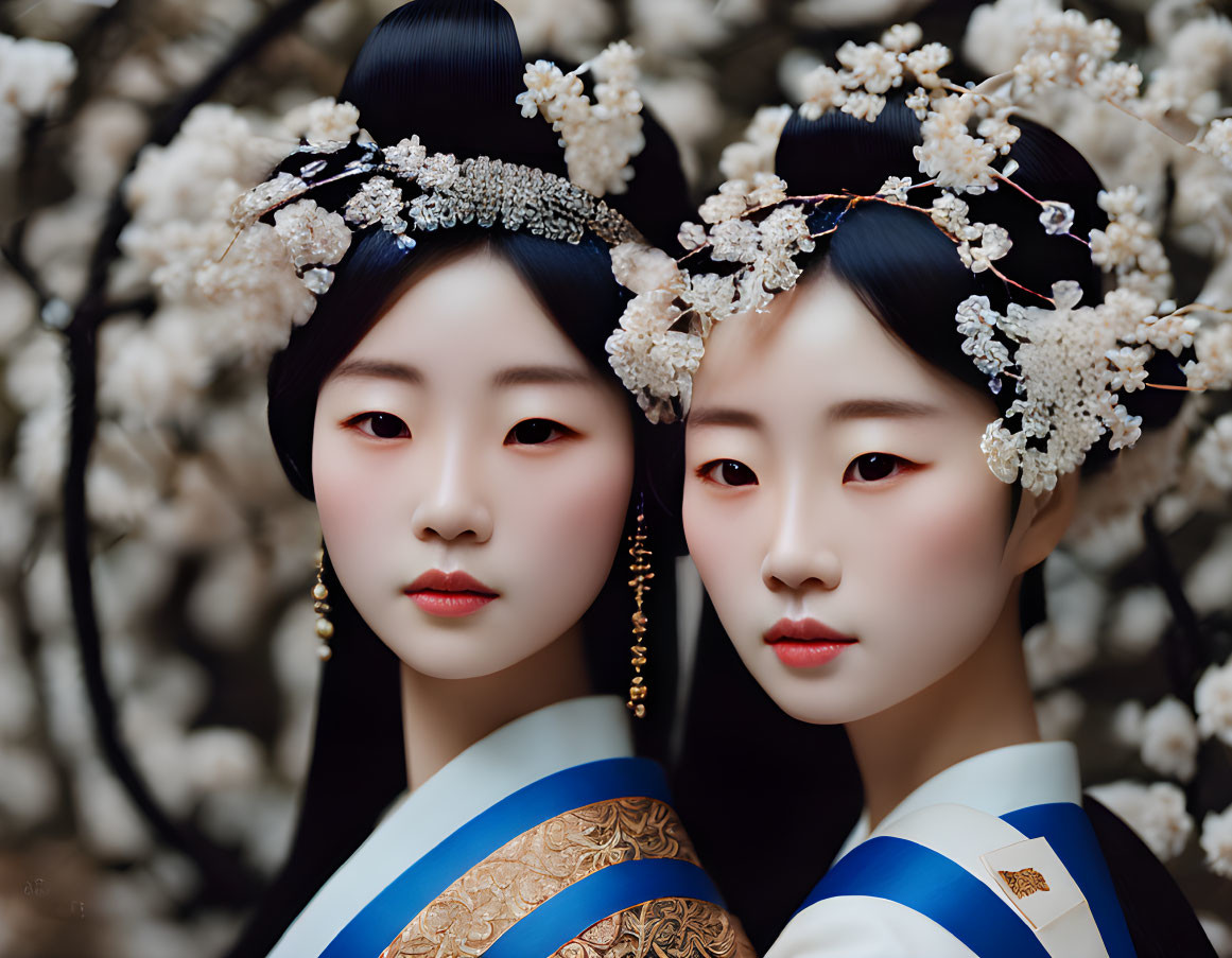 Traditional Korean attire: Two women with elaborate hair ornaments and white blossoms
