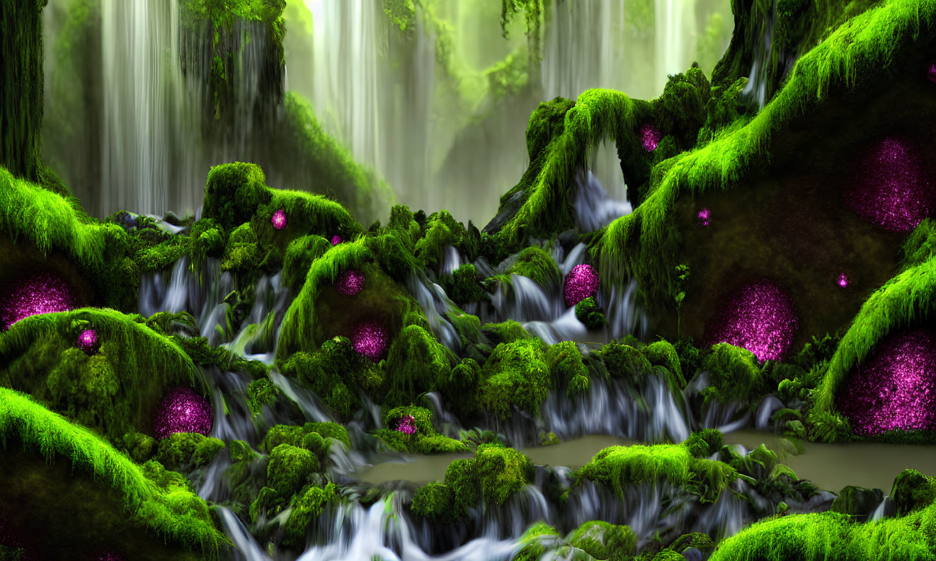 Moss-covered rocks with purple orbs and waterfalls in mystical forest