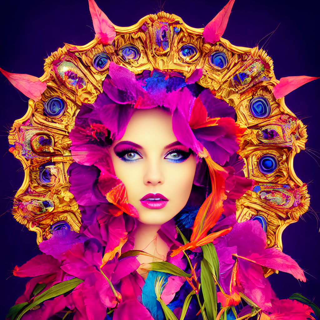 Colorful portrait of a woman with blue eyes, pink and purple flowers, and a golden peacock
