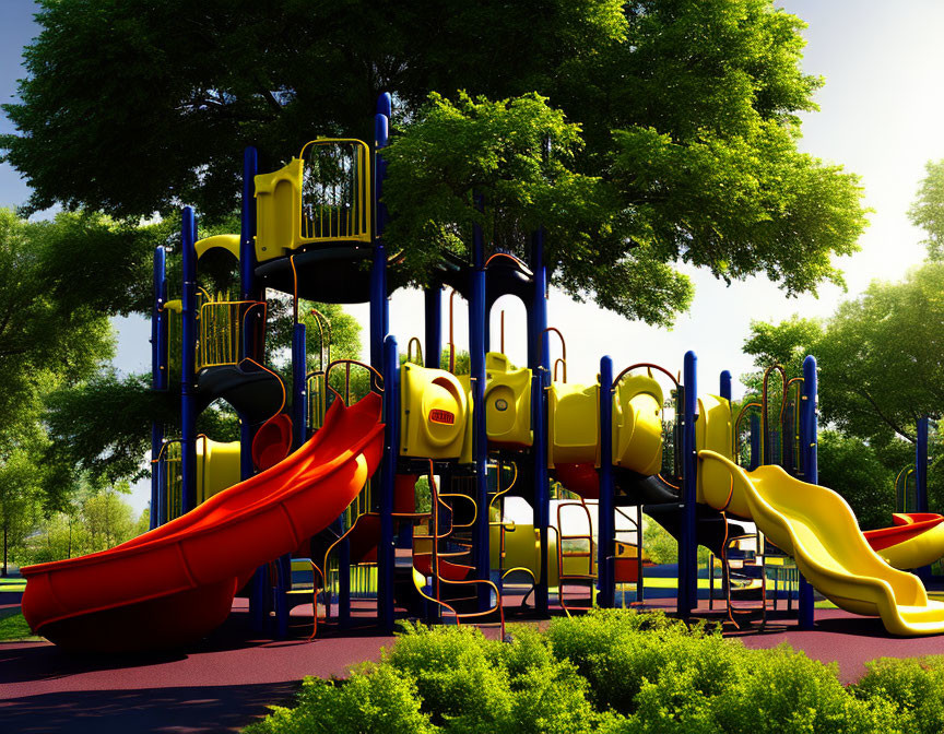 Vibrant playground with slides and climbing structures in green setting