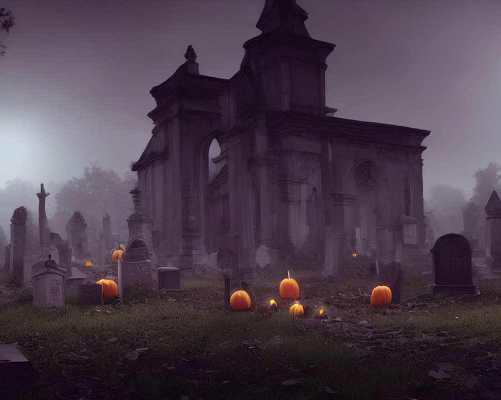 Dusk cemetery scene with fog, tombstones, crypt, and jack-o'-lanterns