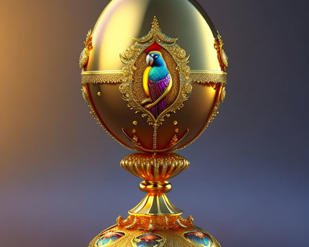 Intricate golden egg with colorful bird on ornate base