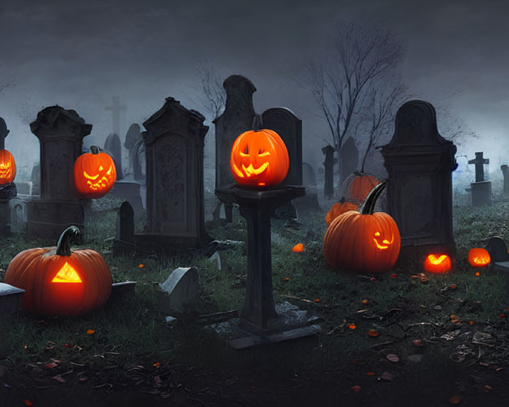 Misty graveyard with carved pumpkins at night