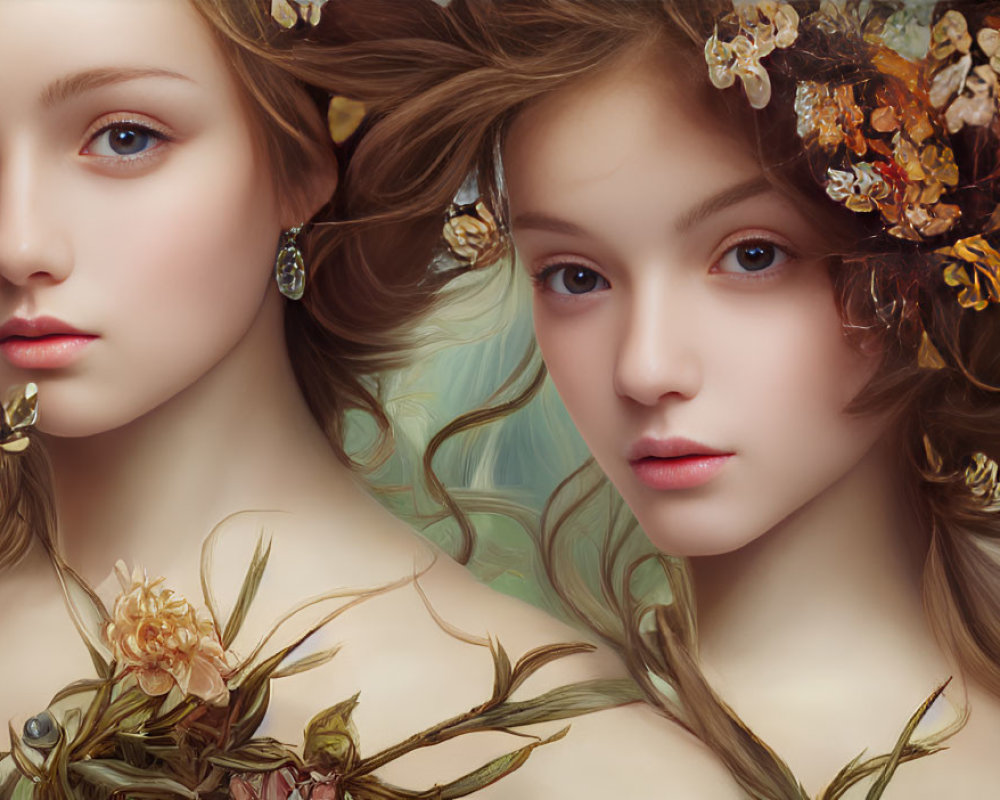Ethereal women with flowing hair and delicate flower adornments