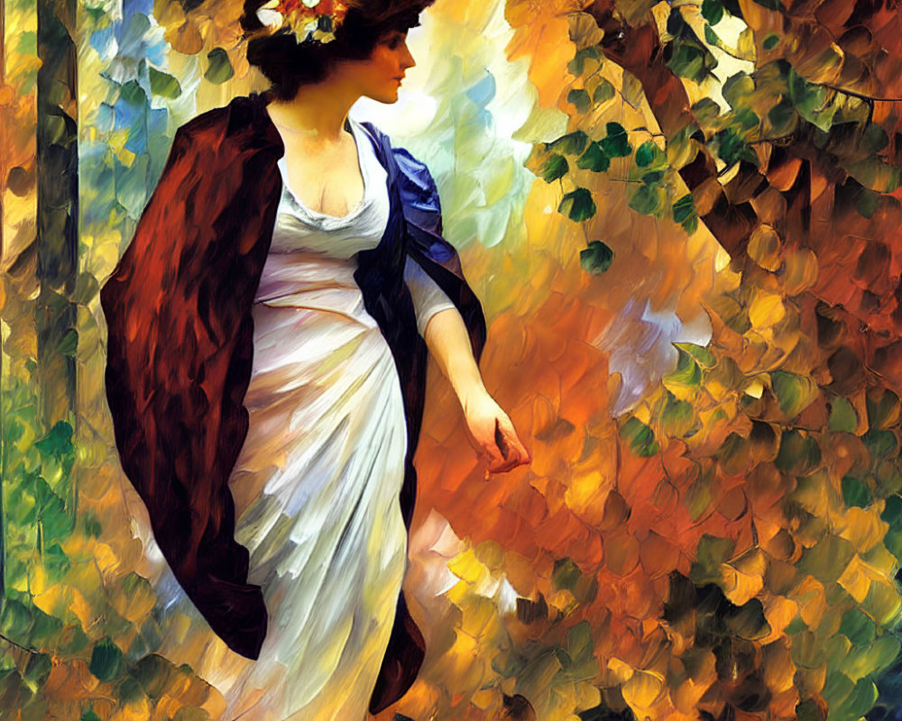 Woman in White Dress and Dark Cloak Strolling in Colorful Forest