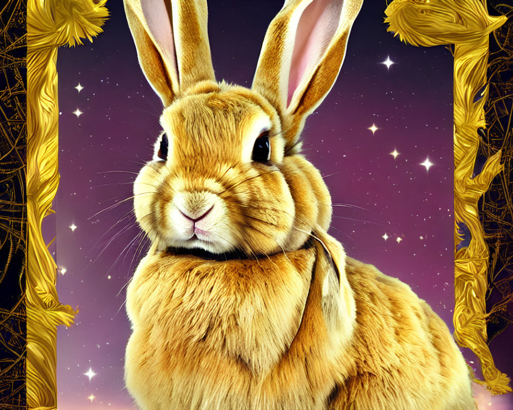 Hyper-realistic Rabbit Illustration with Starry Background and Ornate Golden Frames