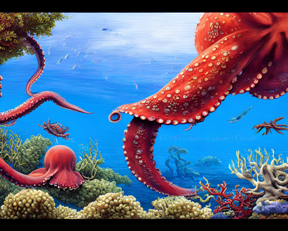 Colorful Underwater Scene with Red Octopus, Coral, Fish, and Small Octopus