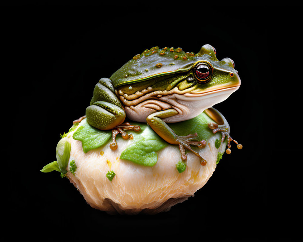 Colorful Green and Gold Frog on White Mushroom in Dark Background