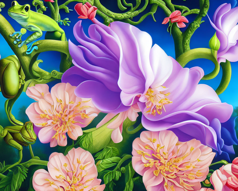 Colorful Frog Illustration on Twisting Vines and Flowers Against Blue Background