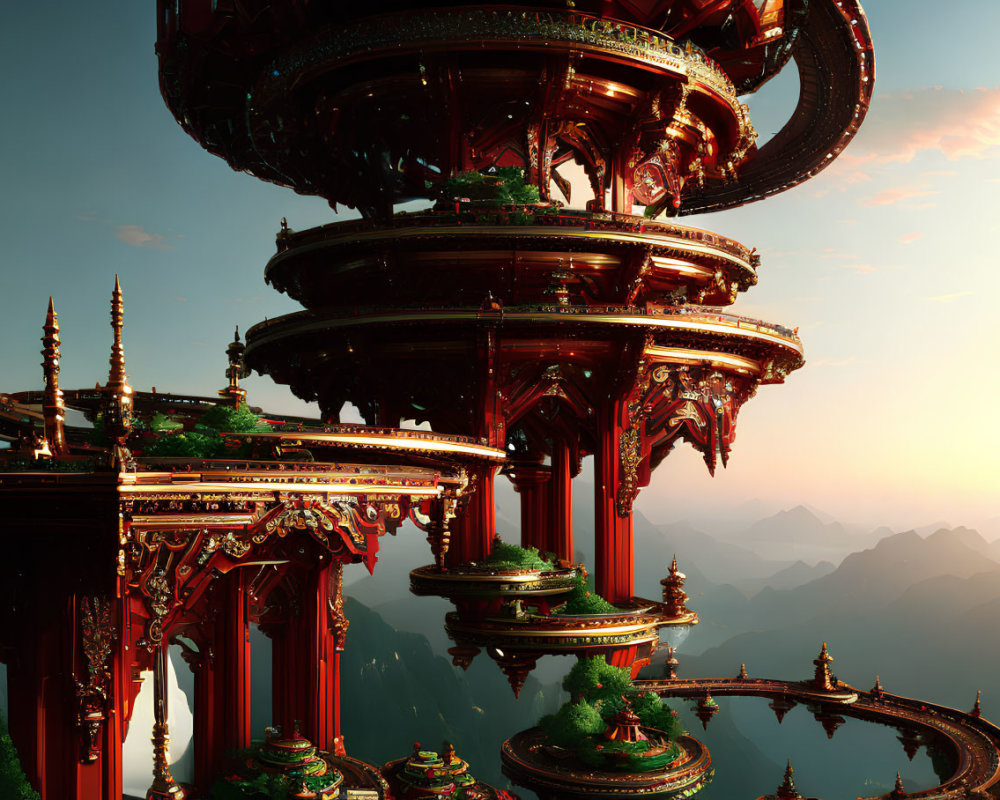 Fantastical multi-tiered structure in mountainous sunset landscape