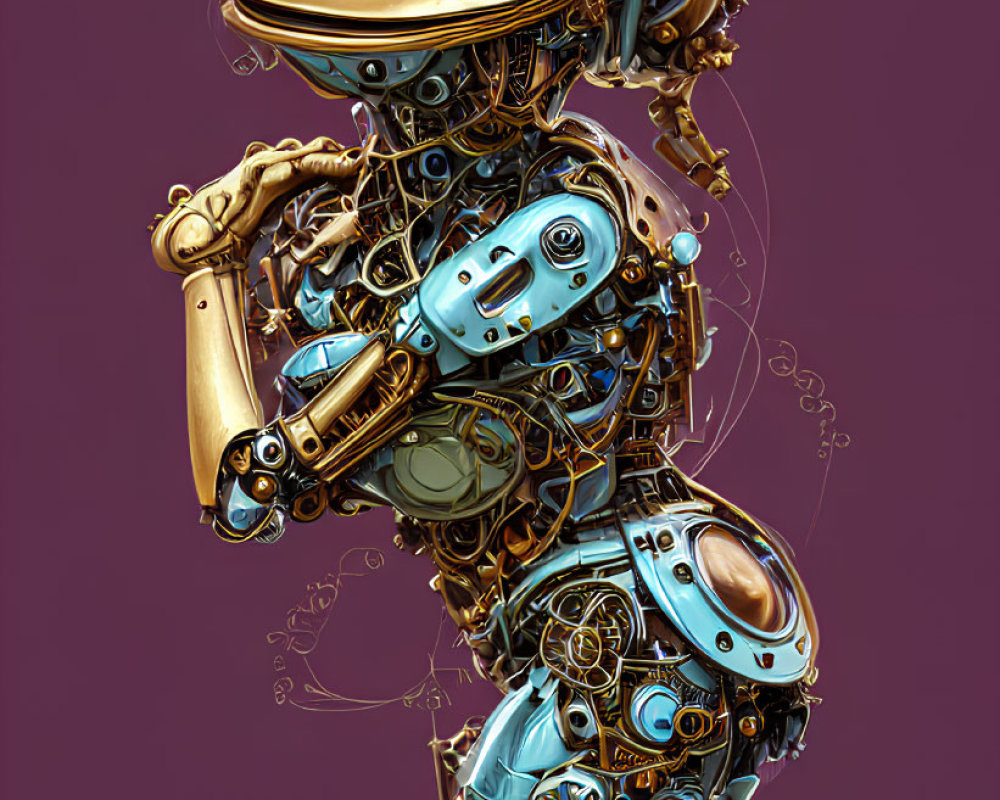 Detailed mechanical frog illustration with gears and metallic parts, holding pink flower on purple background