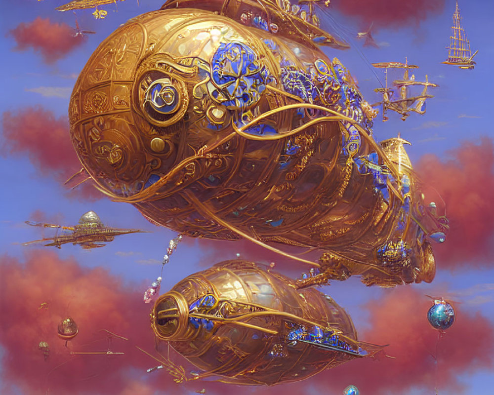 Steampunk-style airship fleet with ornate golden ships and intricate designs