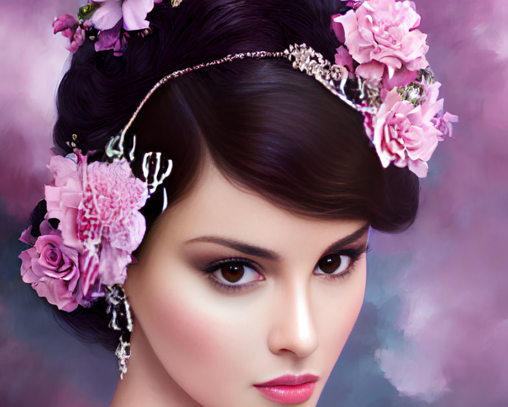 Portrait of woman with tiara, pink flowers, subtle makeup, dark hair, and thoughtful expression on