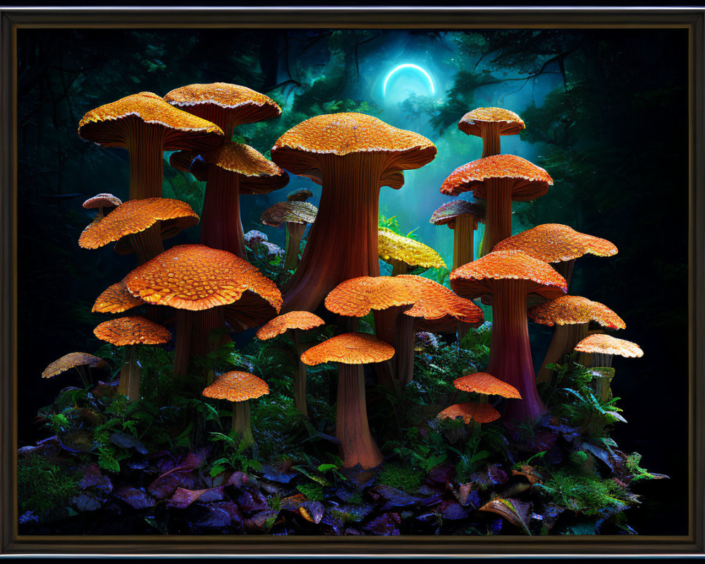 Vibrant orange-cap mushrooms in mystical forest setting