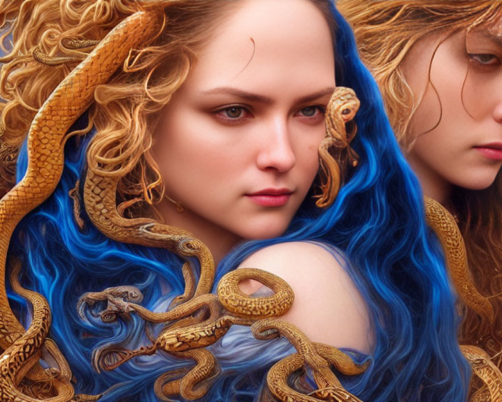 Vibrant blue hair women with golden snakes on ornate backdrop