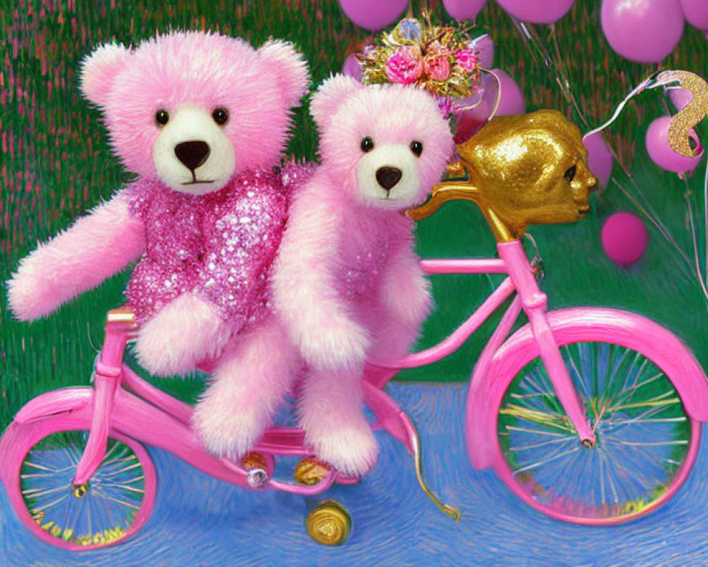 Pink Teddy Bears with Gold Crown on Pink Bicycle Surrounded by Balloons