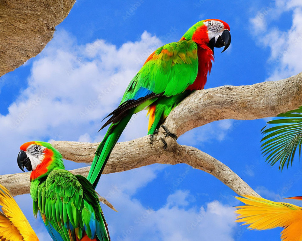 Vibrant Macaws on Branch in Blue Sky
