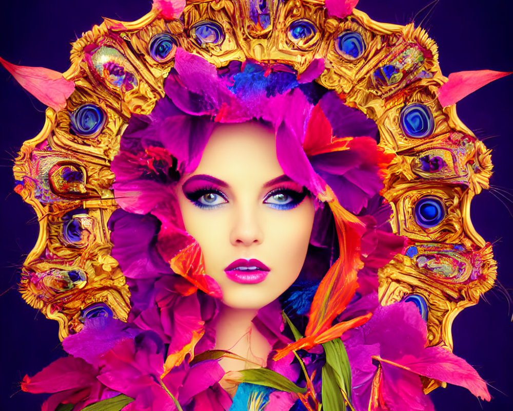 Colorful portrait of a woman with blue eyes, pink and purple flowers, and a golden peacock